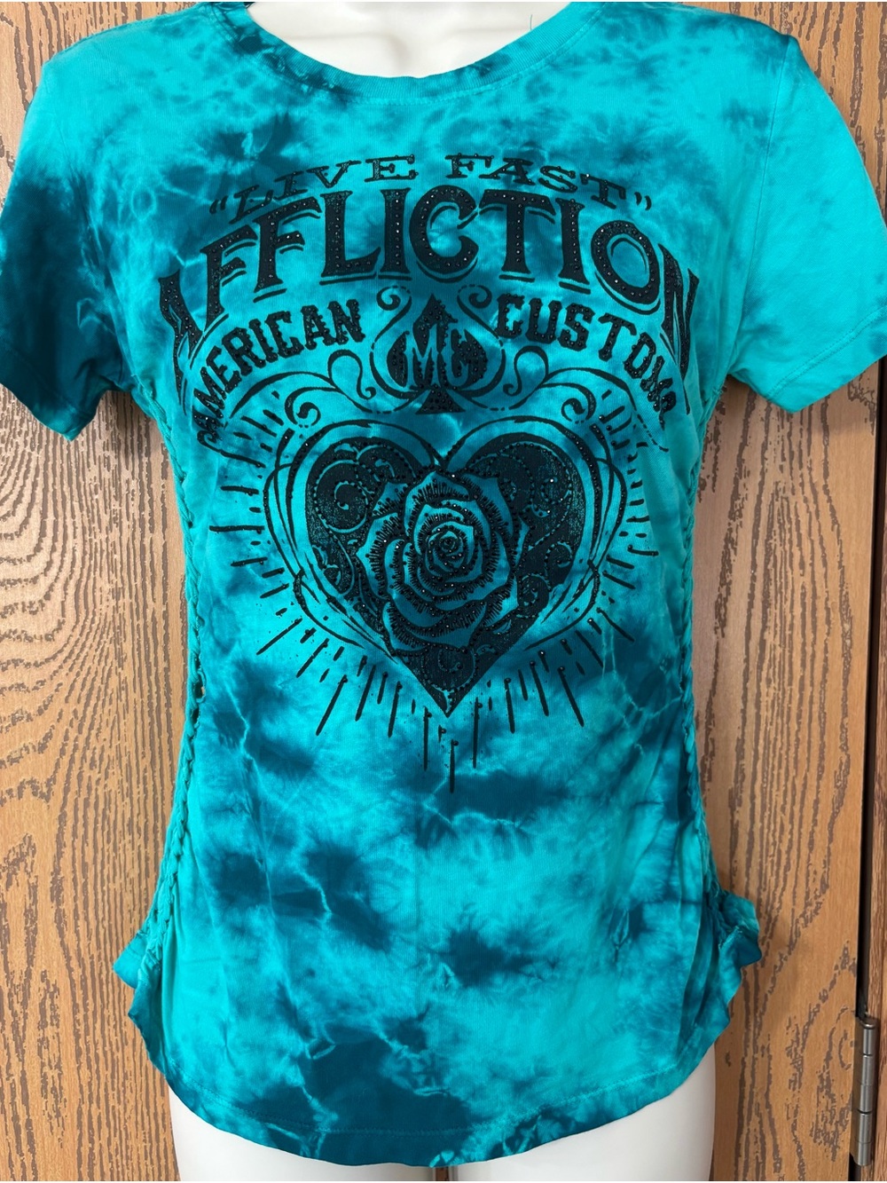 Affliction Teal Tie-Dye Short Sleeve Graphic Tee with Black Heart Rose